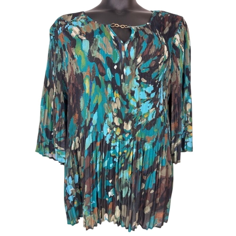 Catherines Affinity Chain V-Neck Blouse Women 2X Blue Green Pleated V-Neck Top